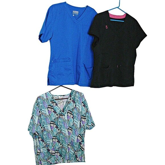 Lot 3 Scrub Tops V-Neck Wonderwink Expo Blue Black Multicolor Pockets Size Large - Picture 1 of 8